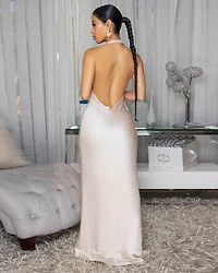 Dahlia Champagne Draped Halter Maxi Dress