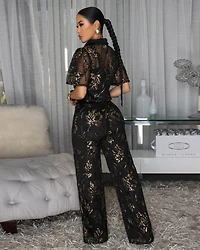 Gilda Black Gold Sequins Accents Mesh Top & Pants Set