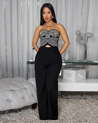 Novella Black Cream Embroidery Strapless Linen Jumpsuit