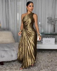 Jovinia Bronze Pleated Single Shoulder Maxi Dress