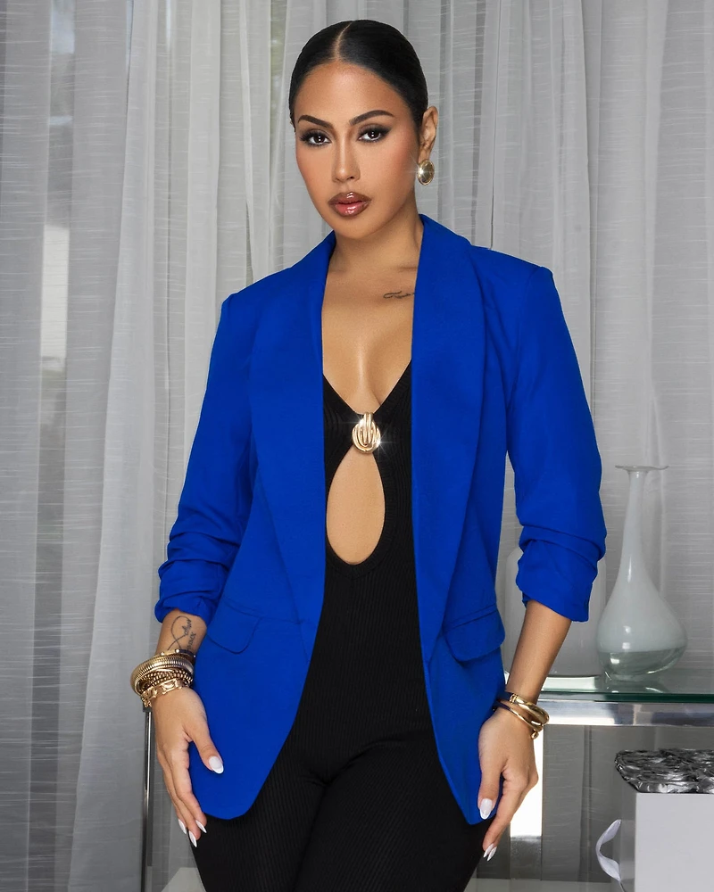 Drecka Royal-Blue Ruched Sleeves Blazer