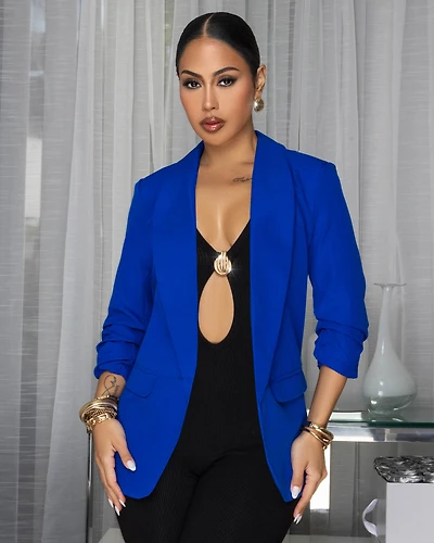 Drecka Royal-Blue Ruched Sleeves Blazer