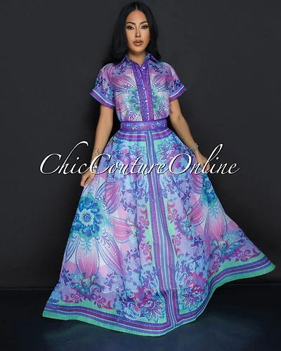 Aramis Purple Multi-Color Flower Top & Maxi Skirt Set