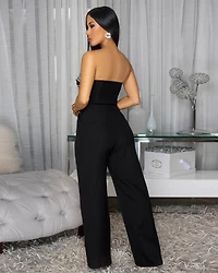 Novella Black Cream Embroidery Strapless Linen Jumpsuit
