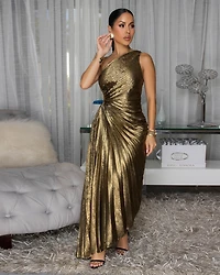 Jovinia Bronze Pleated Single Shoulder Maxi Dress