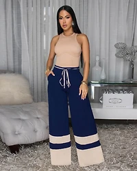 Teagan Navy-Blue Nude Trim Silky Pants