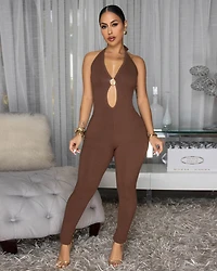 Rosalia Mocha Body-Con Ribbed Halter Jumpsuit