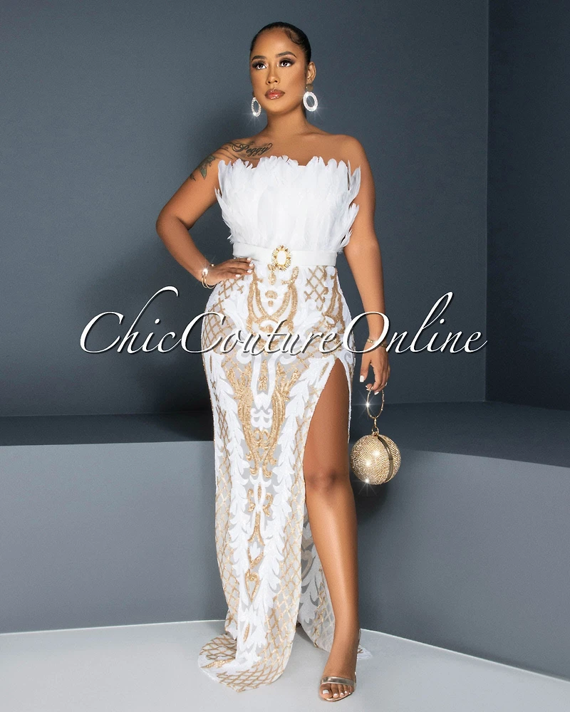 *Rachelle White Gold Sequins Feather Bust Bodysuit Maxi Dress