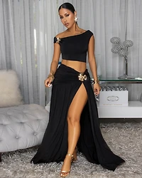 Venezia Black Gold Broach Top & Maxi Skirt Set