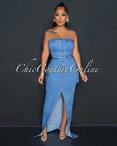 *Avion Medium Blue Denim Belt Front Slit Maxi Cargo Dress