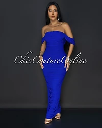 Vella Royal-Blue Mesh Overlay Ruched Off-The Shoulder Dress