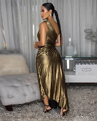 Jovinia Bronze Pleated Single Shoulder Maxi Dress