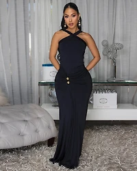 Siarra Black Gold Ruched Maxi Dress