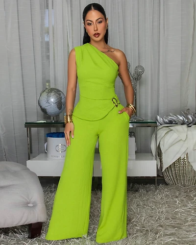 Glenna Green Single Shoulder Top & Pants Set