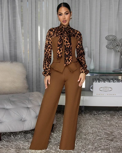 Solaris Mocha Leopard Print Jacket & Pants Set