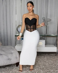 Zilene Black White Midi Strapless Bandage Dress