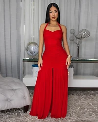 Shalia Red Mesh Halter Maxi Dress
