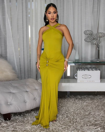 Siarra Moss Gold Accent Ruched Maxi Dress