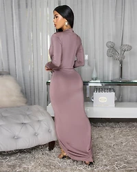Delta Taupe Plunging V Neckline Maxi Dress