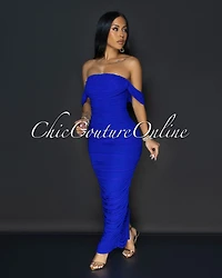 Vella Royal-Blue Mesh Overlay Ruched Off-The Shoulder Dress