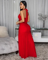 Shalia Red Mesh Halter Maxi Dress