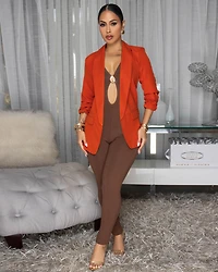 Drecka Burnt Orange Ruched Sleeves Blazer