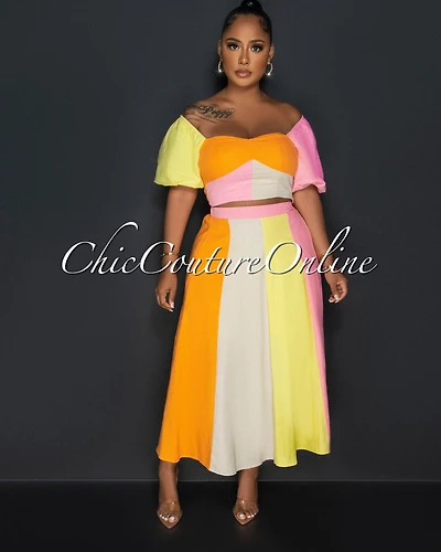 *Anniston Pastel Color-Block Top & Skirt Set