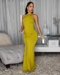 Siarra Moss Gold Accent Ruched Maxi Dress