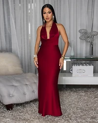 Lorena Burgundy Silky Halter Maxi Dress