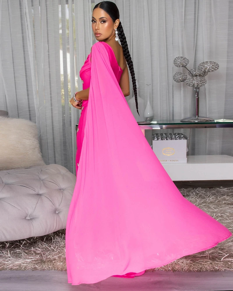 Olandria Hot Pink Rhinestones Accent Train Maxi Dress