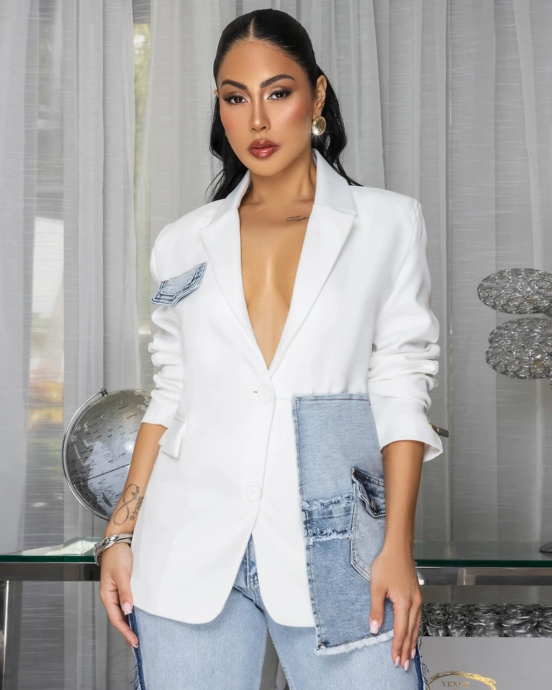 Priar White Blue Denim Patch Blazer