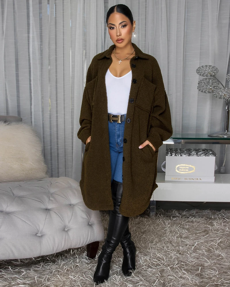 Jovelle Olive Green Fleece Long Jacket