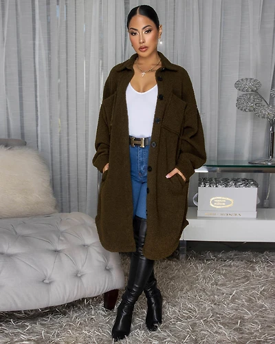 Jovelle Olive Green Fleece Long Jacket