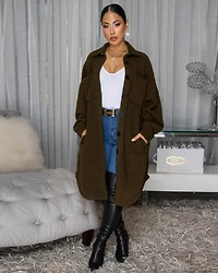 Jovelle Olive Green Fleece Long Jacket