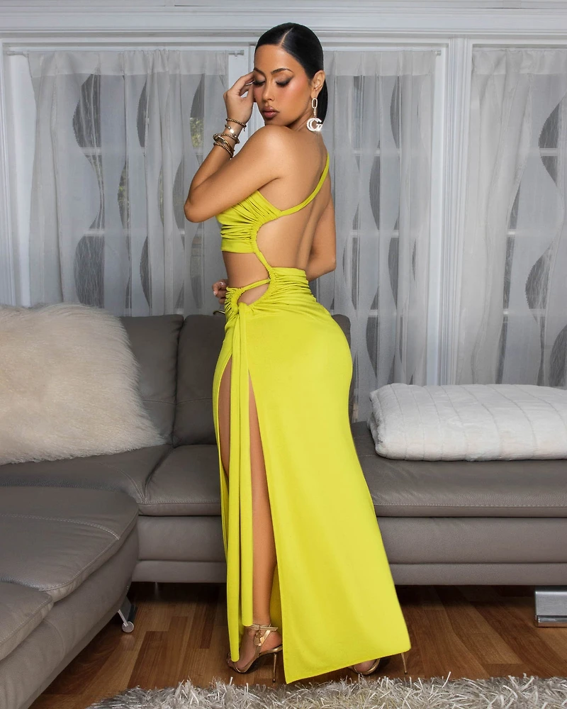 Lenny Lime Ruched Cut-Out Maxi Dress