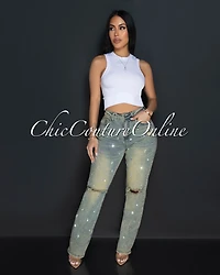 Adora Beige Denim Rhinestones Accent Jeans