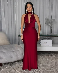 Lorena Burgundy Silky Halter Maxi Dress