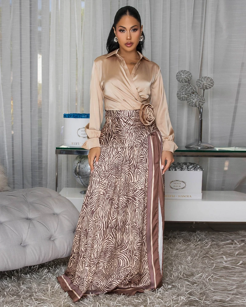Elsie Mocha Zebra Print Faux-Wrap Maxi Dress