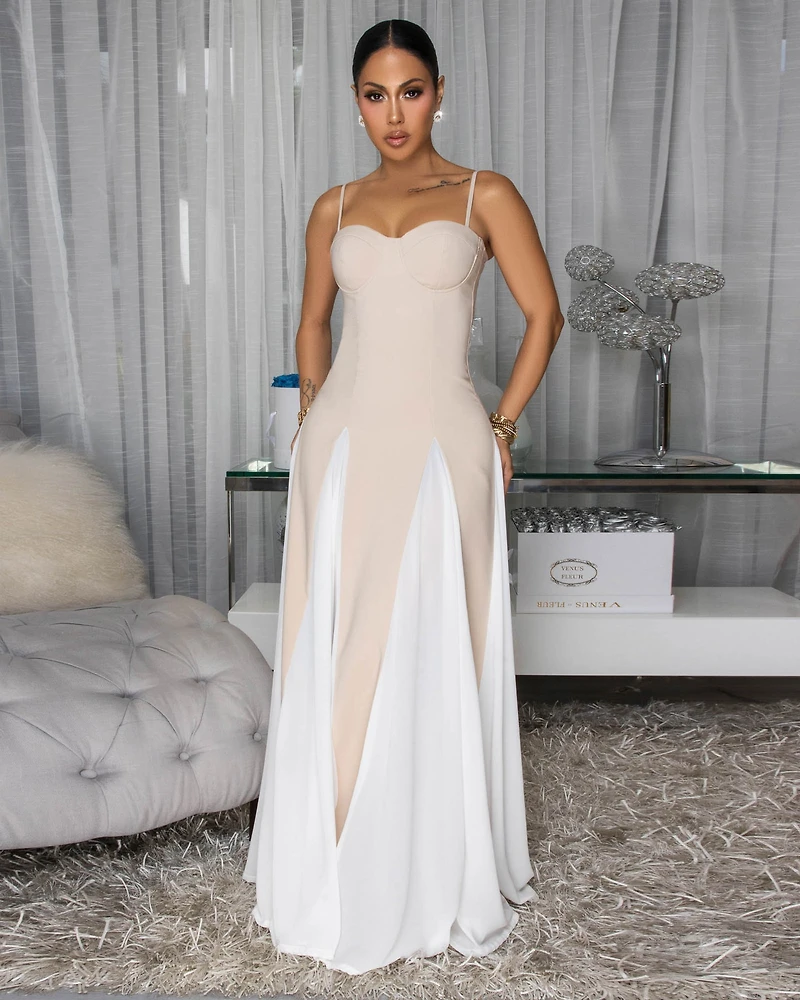 Palamos Nude White Paneled Maxi Dress