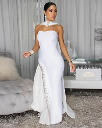 Hudane White Rhinestones Accent Shawl Bandage Maxi Dress