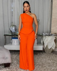 Glenna Orange Single Shoulder Top & Pants Set