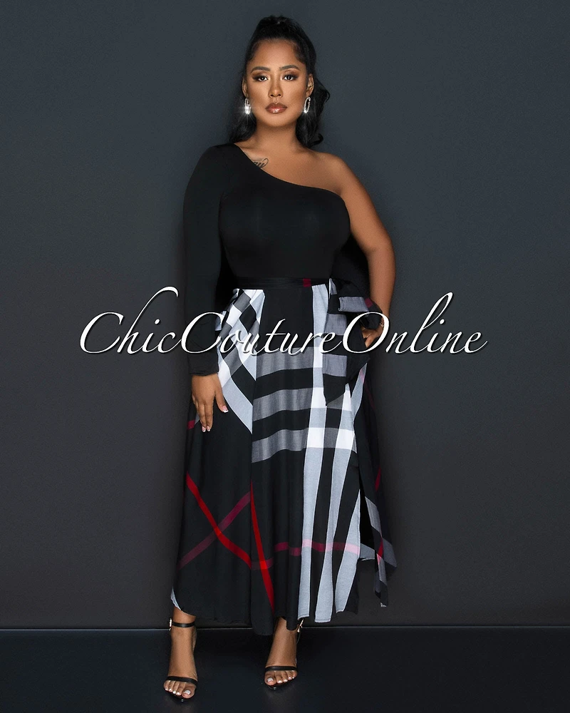 *Breea Black Grey Plaid Print Two-Tone Single Shoulder Maxi Dress