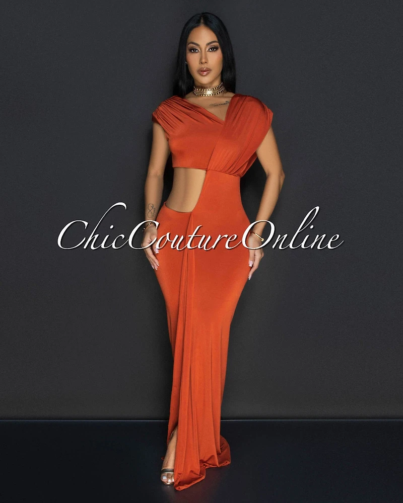 Violi Rust Off Shoulder Cut Out Maxi Dress (SHIPS 1/18/25)