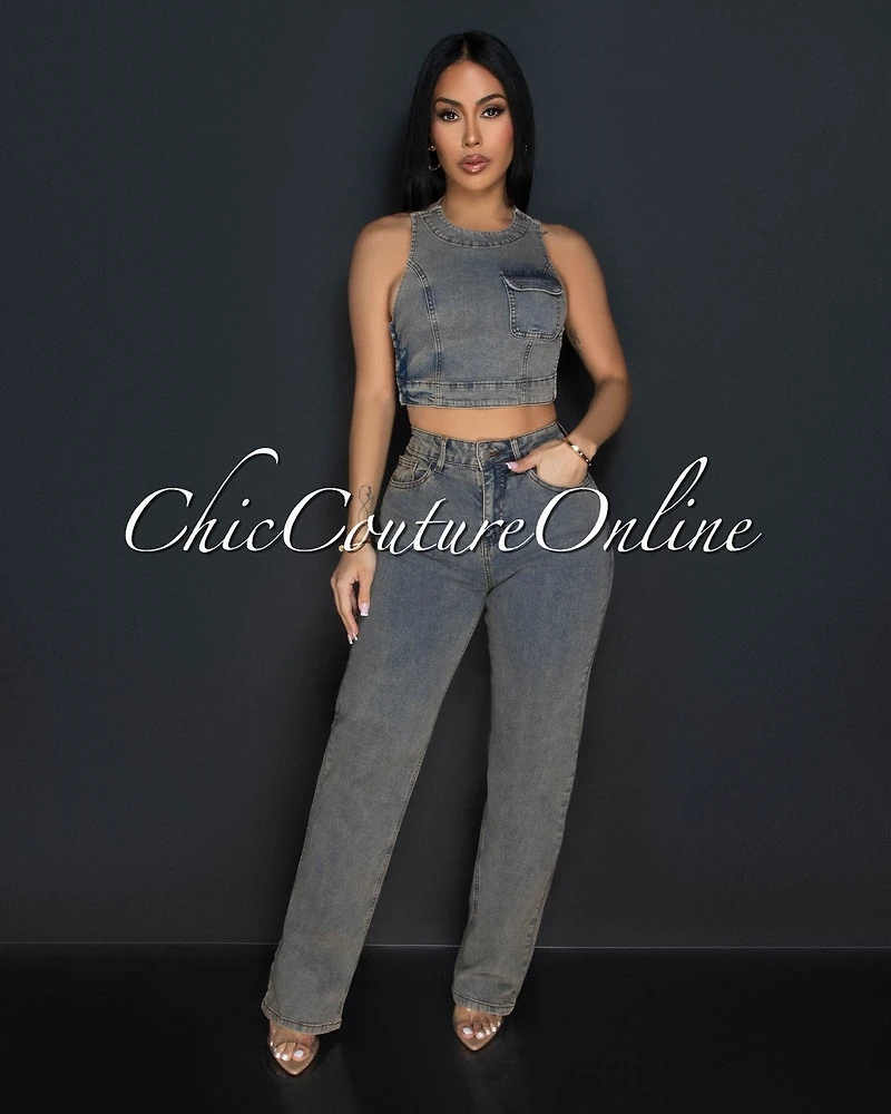 Rina Beige Denim Open Back Top & Wide Jeans Set