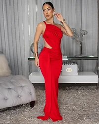 Freida Red Ruched Cut-Out Maxi Dress