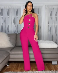 Amiri Fuchsia Gold Accent Button Strapless Jumpsuit