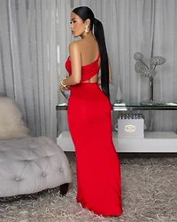 Freida Red Ruched Cut-Out Maxi Dress