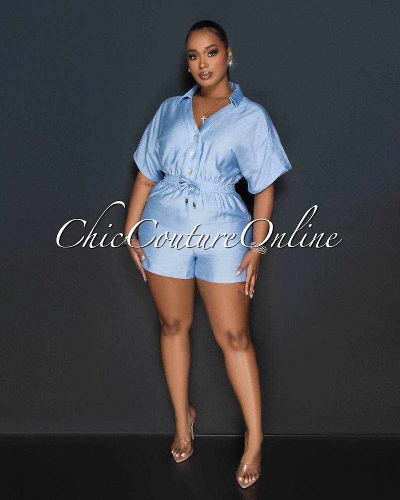 Fausta Baby Blue Front Buttons Utility Romper