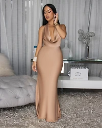 Lorena Mocha Silky Halter Maxi Dress