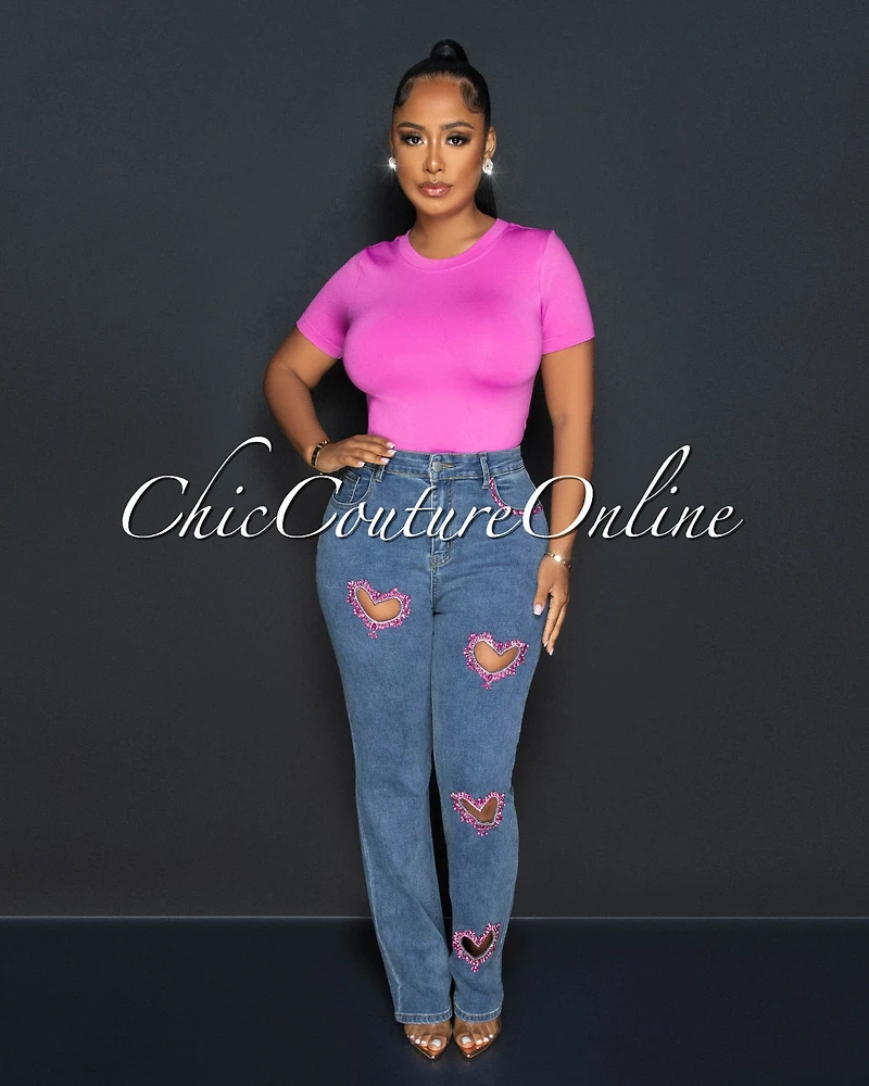 *Mandy Medium Denim Pink Rhinestones Heart Key-Hole Jeans